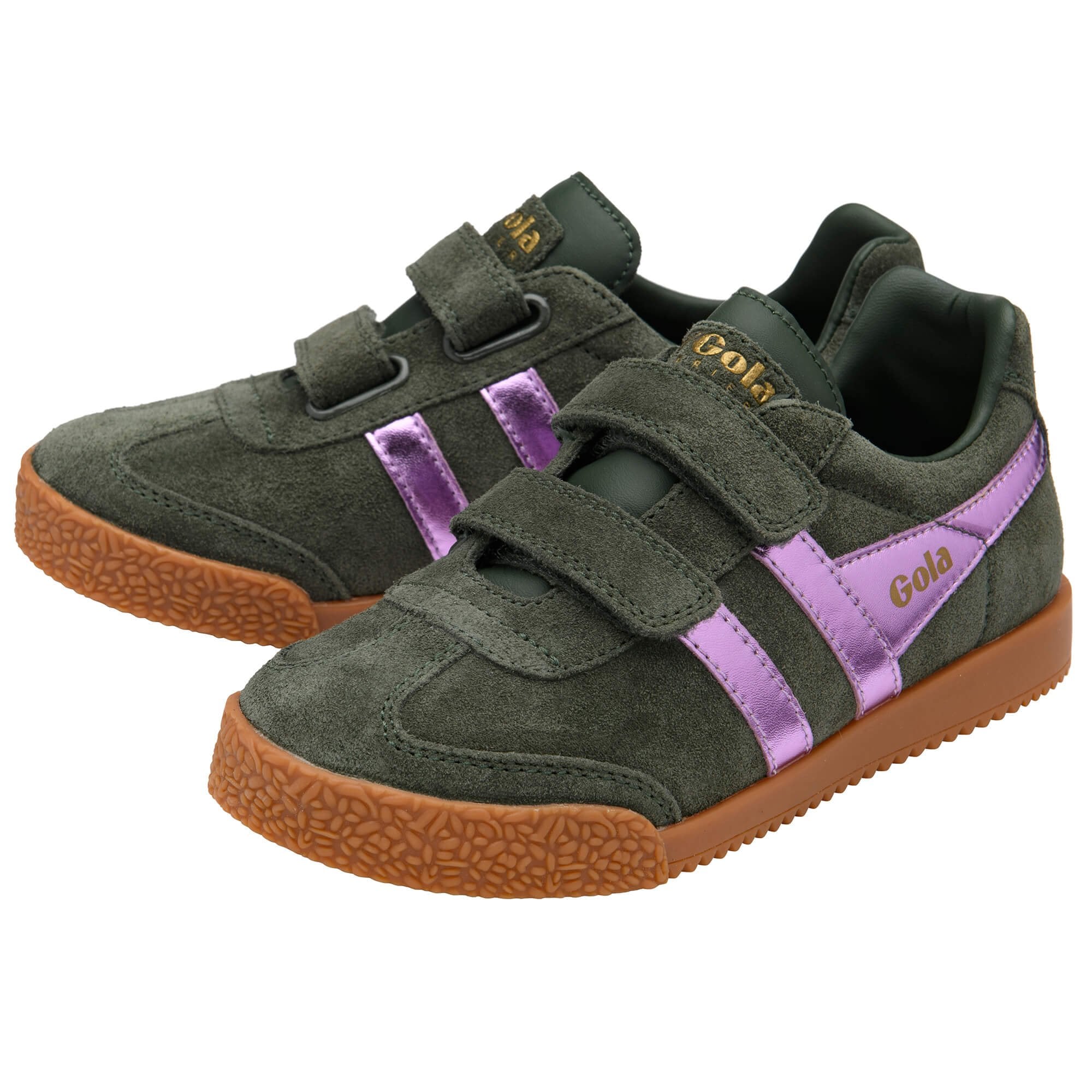 Pair of Gola kids trainers in green suede with purple metallic stripes and brown rubber soles on a white background