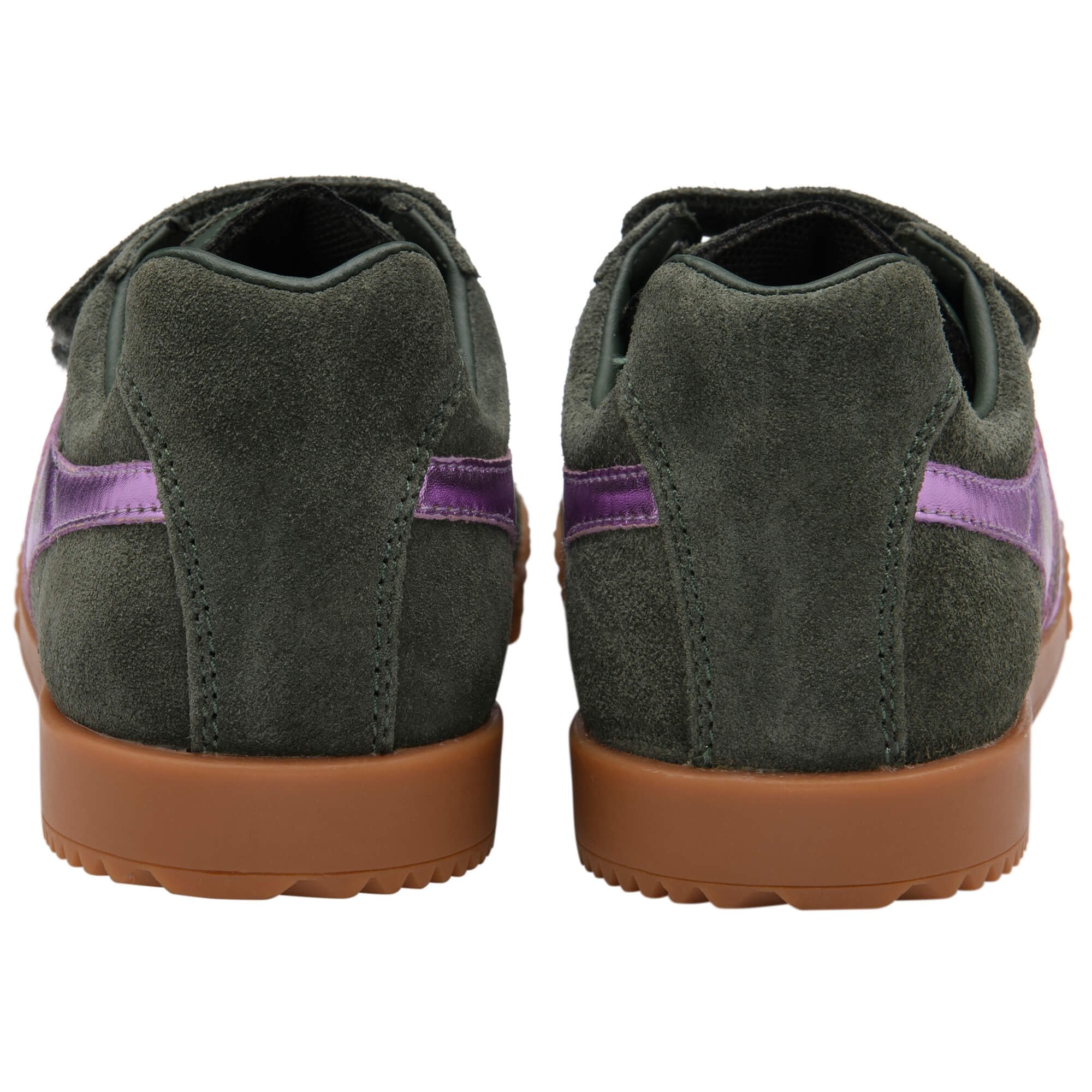 Green Gola trainers with purple accents on a white background