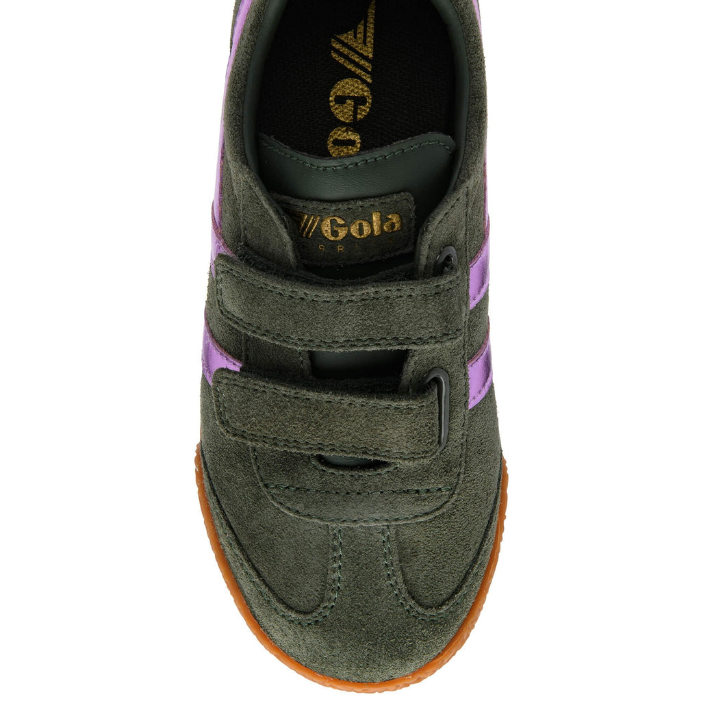 Gola Kids trainer in dark green with purple stripes on a white background