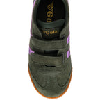 Gola Kids trainer in dark green with purple stripes on a white background