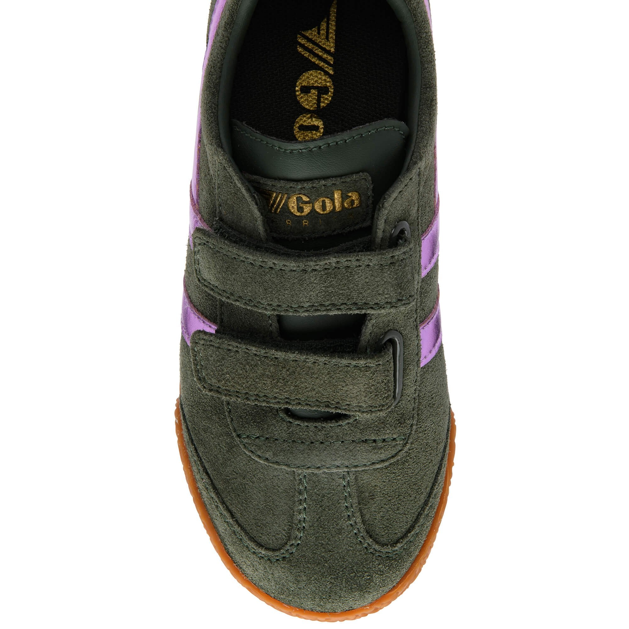 Gola Kids trainer in dark green with purple stripes on a white background