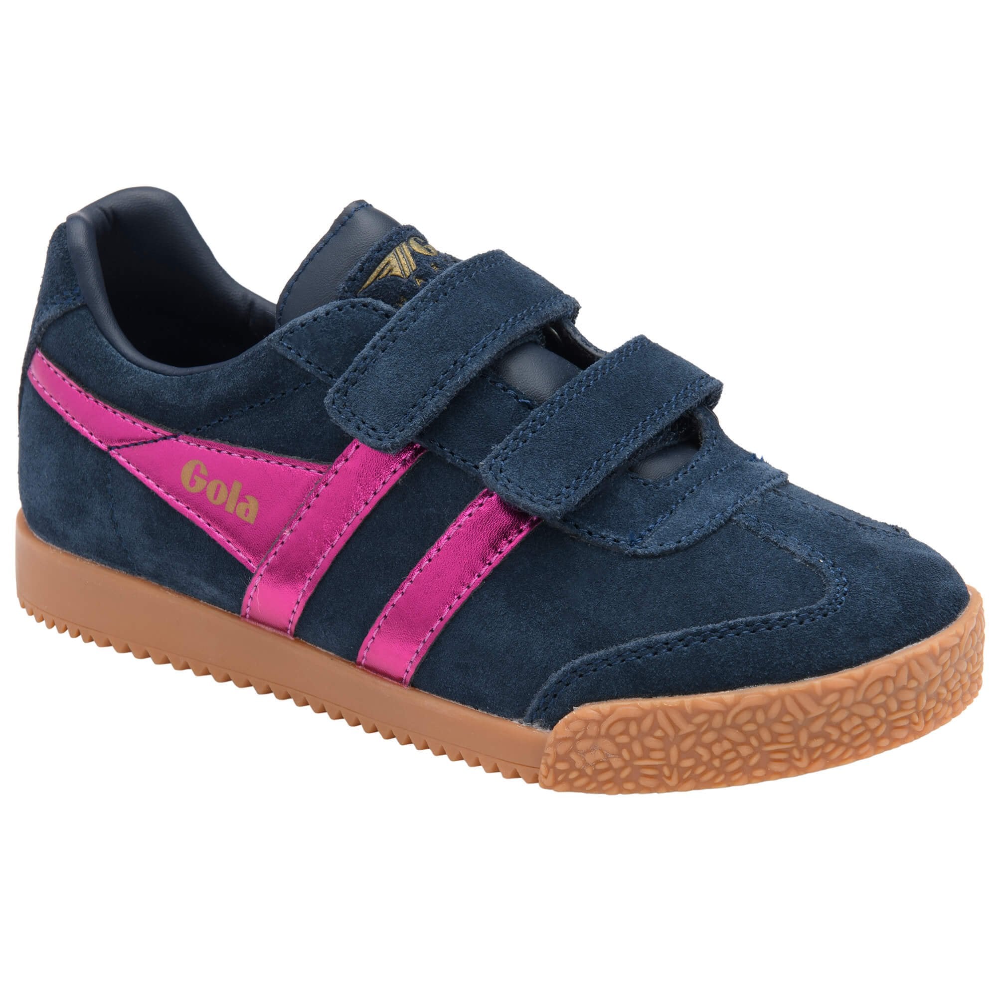 Navy blue children's Gola trainer with pink strap and brown sole on a white background