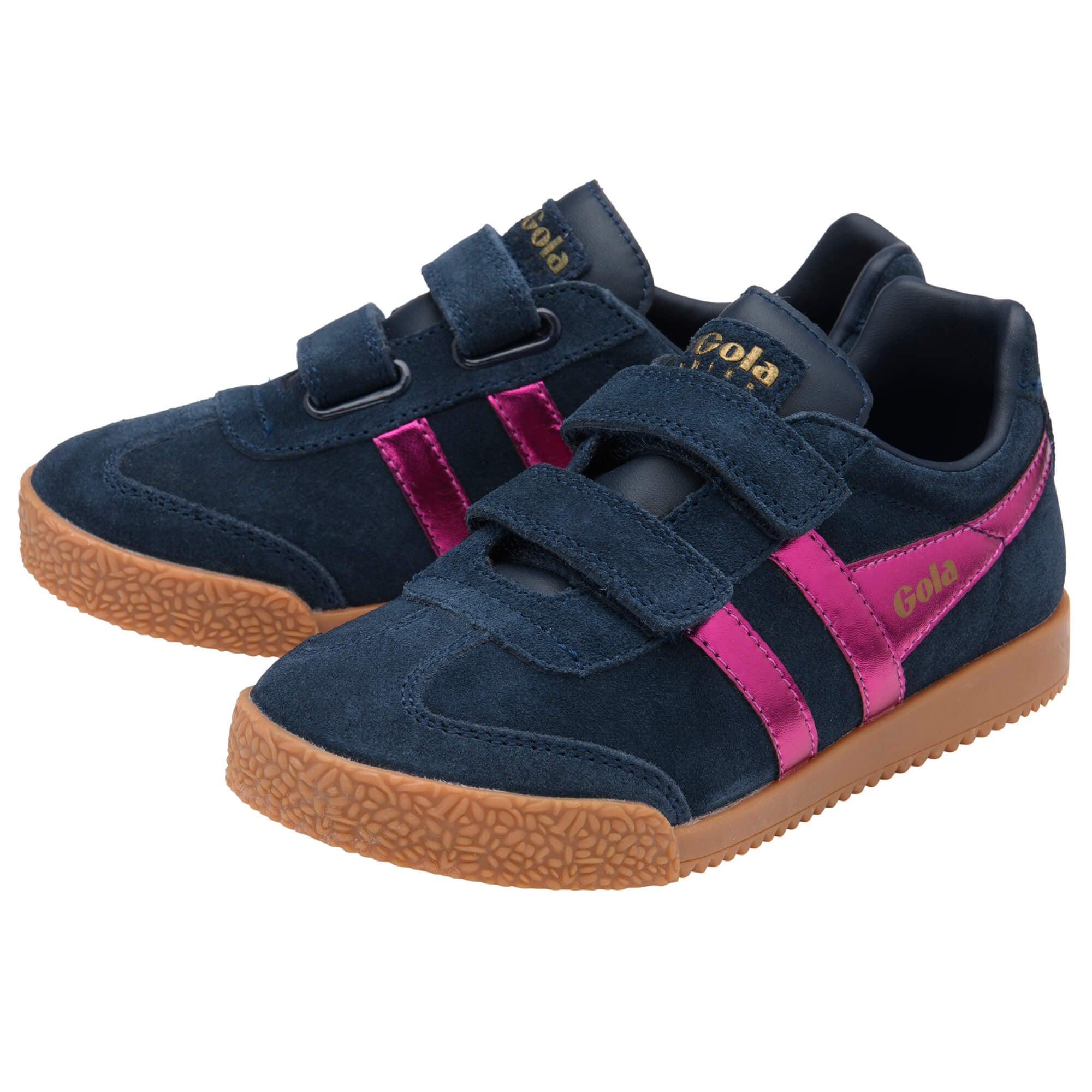 Pair of navy blue suede Gola trainers with pink stripes and tan soles on a white background