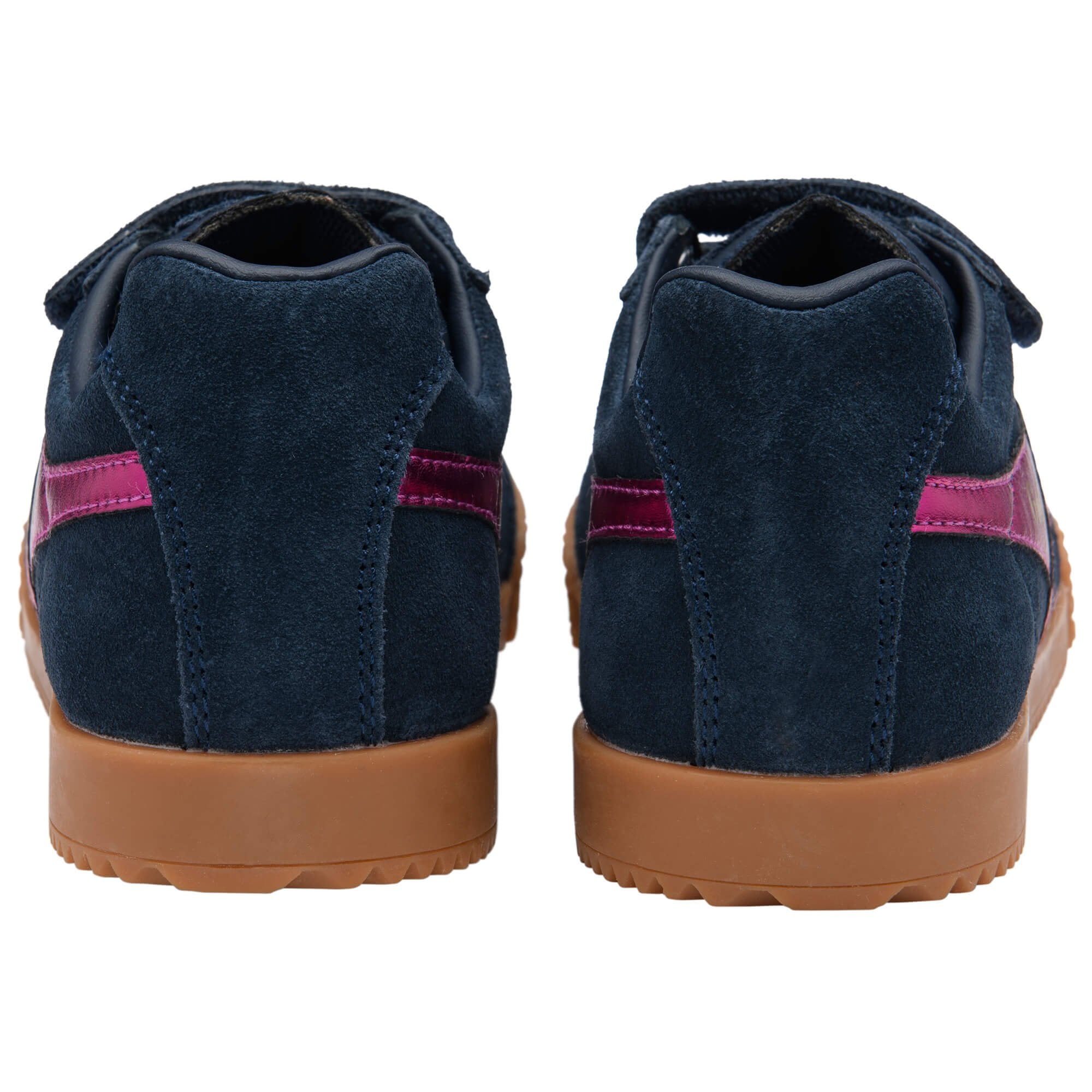 Navy blue Gola trainers with pink accents and brown soles on a white background
