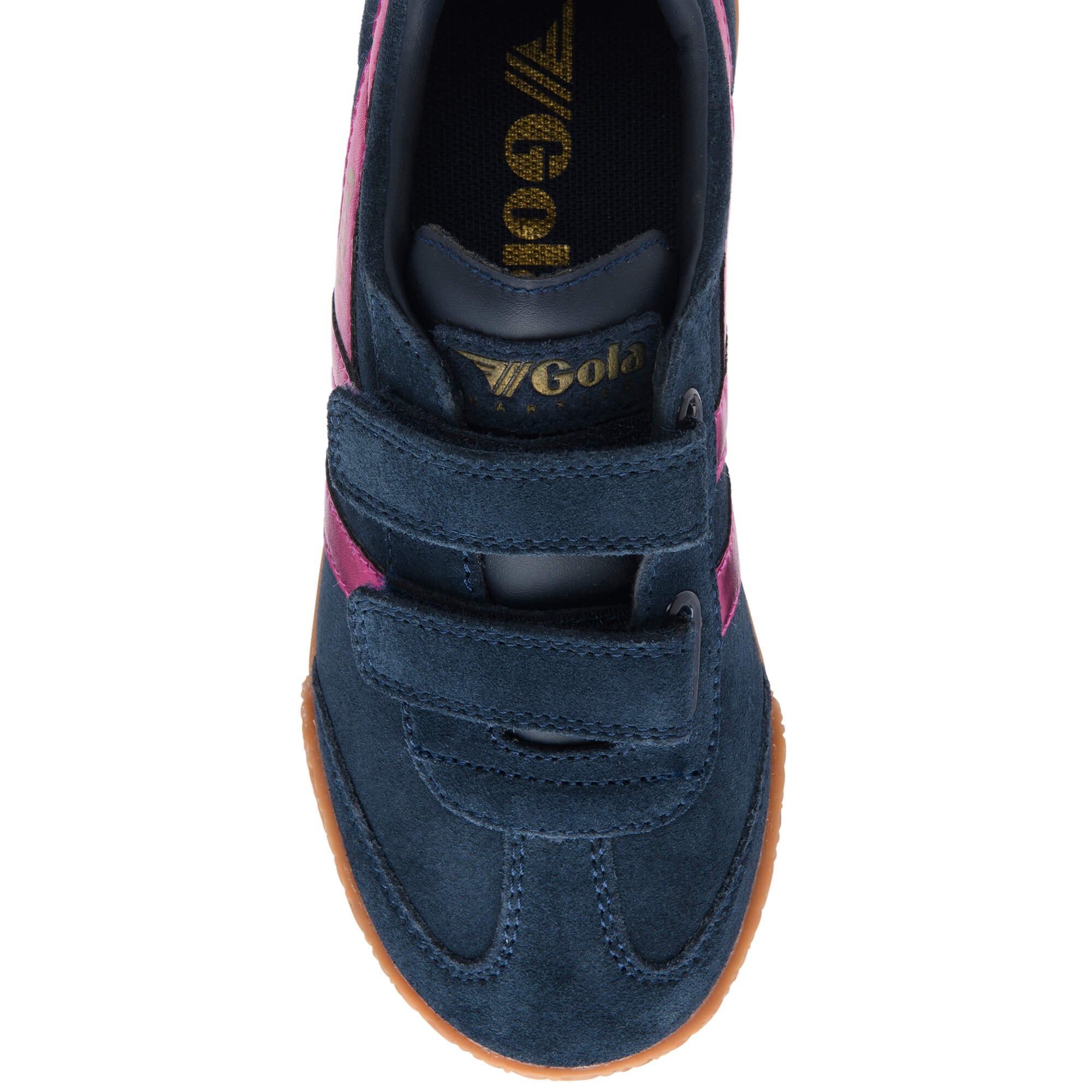Blue children's Gola trainer with pink accents on a white background