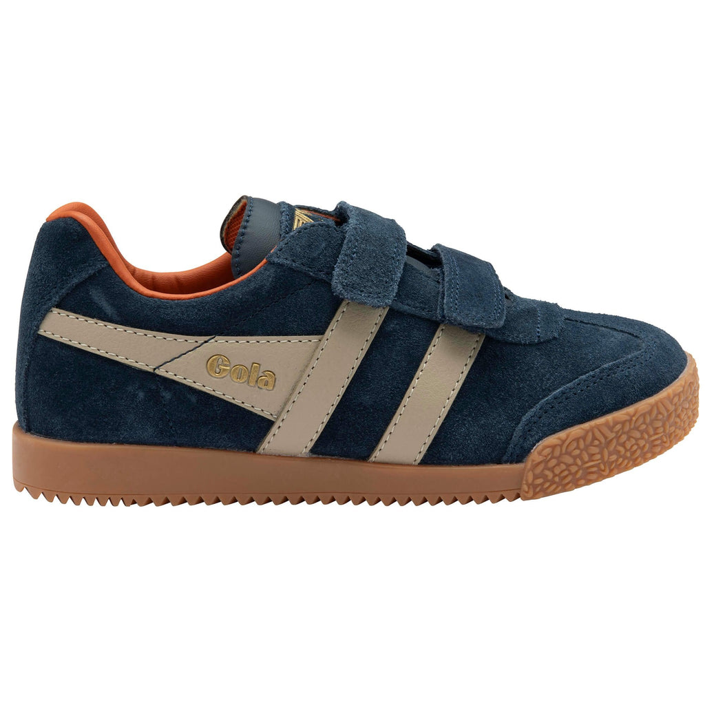 Blue children's Gola trainer with brown sole on a white background