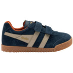 Blue children's Gola trainer with brown sole on a white background