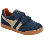 Blue children's Gola trainer with brown sole on a white background