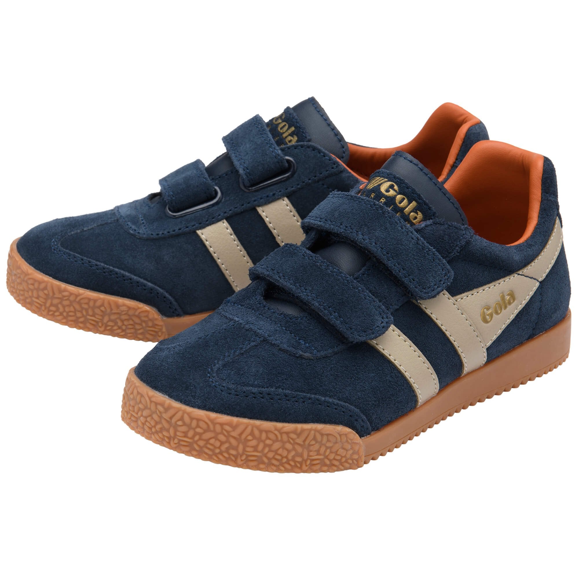 Pair of blue children's Gola trainers with brown soles and beige stripes on a white background