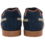 Pair of navy blue Gola trainers with brown soles on a white background