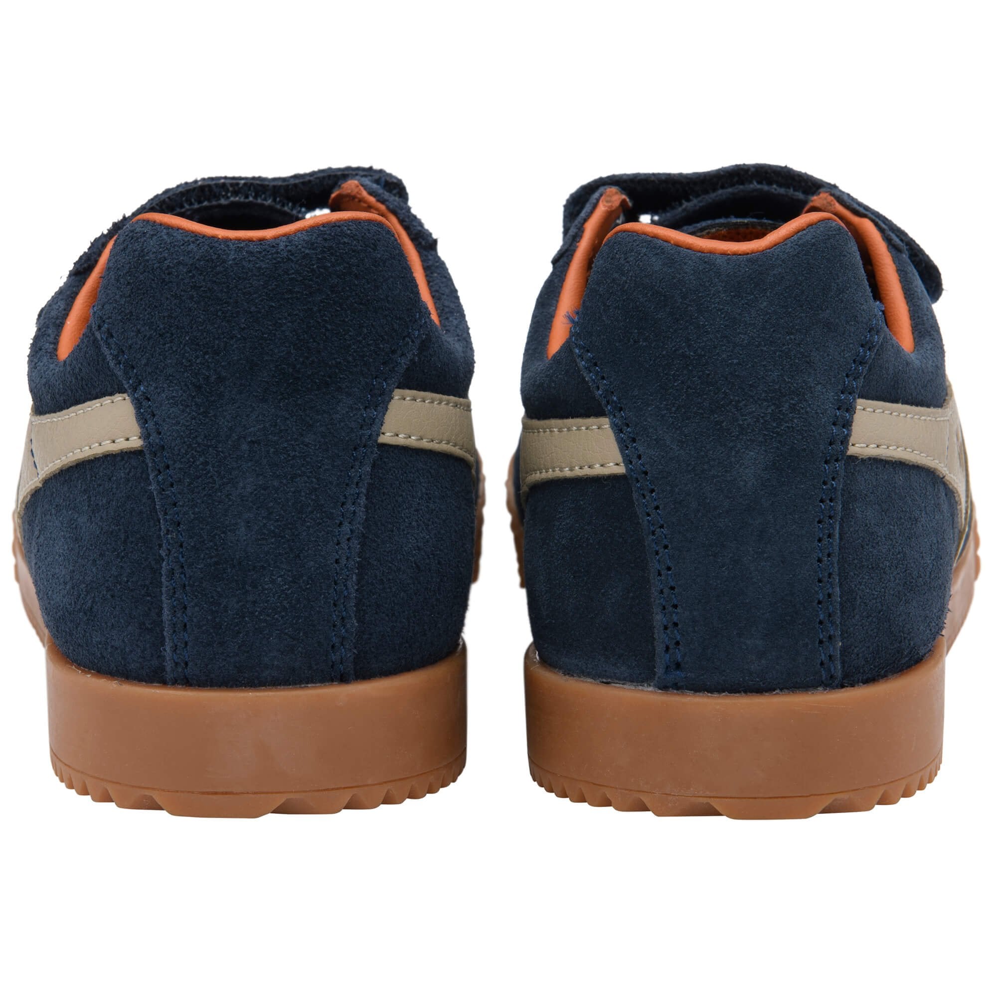 Pair of navy blue Gola trainers with brown soles on a white background