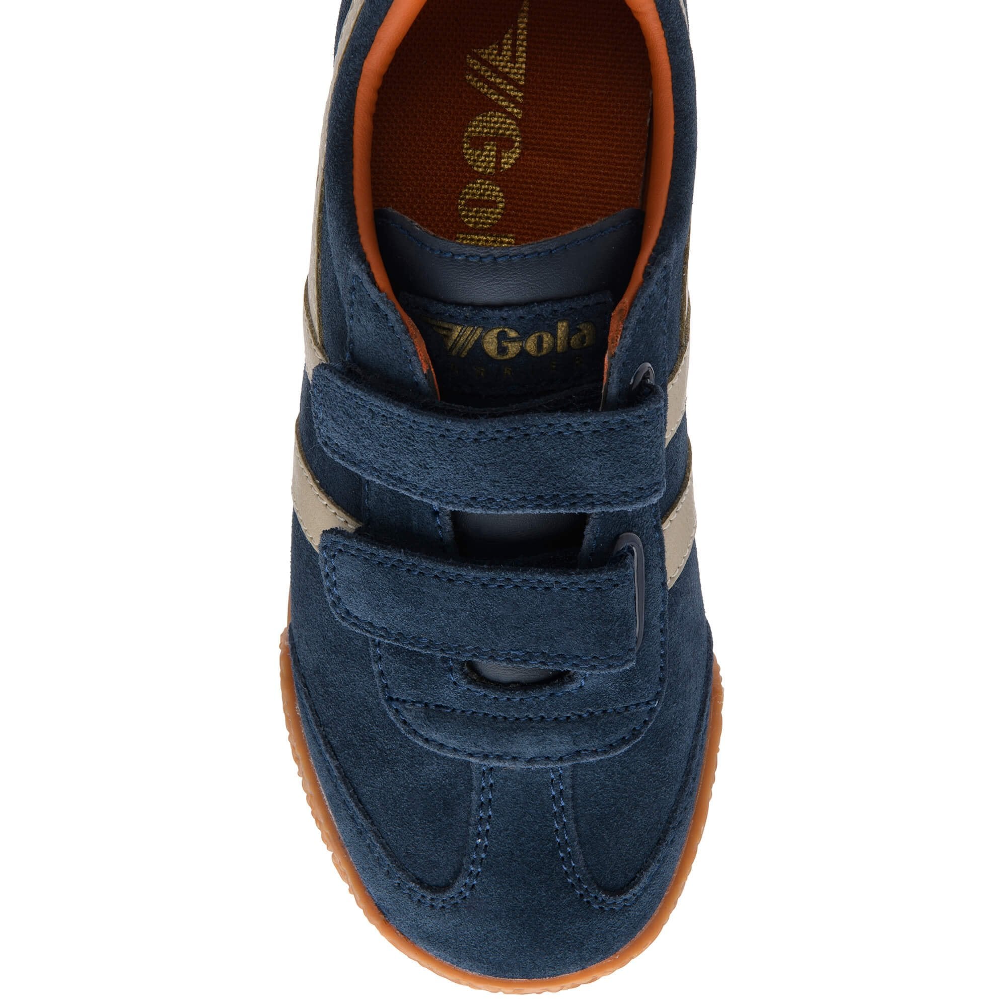 Blue children's Gola trainer with velcro straps on a white background