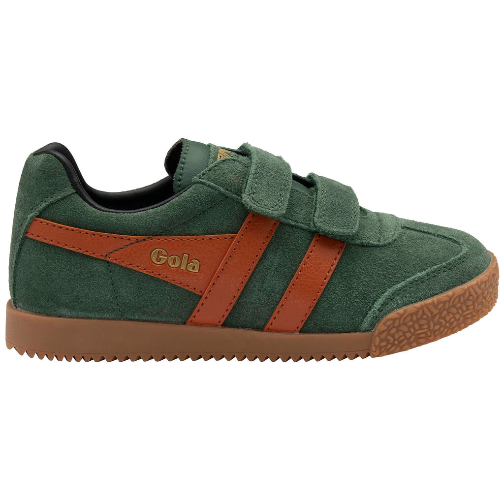Green children's Gola trainer with orange accents on a white background