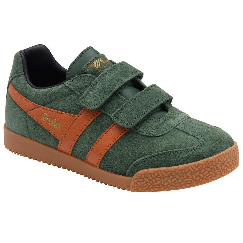 Green children's Gola trainer with orange accents on a white background