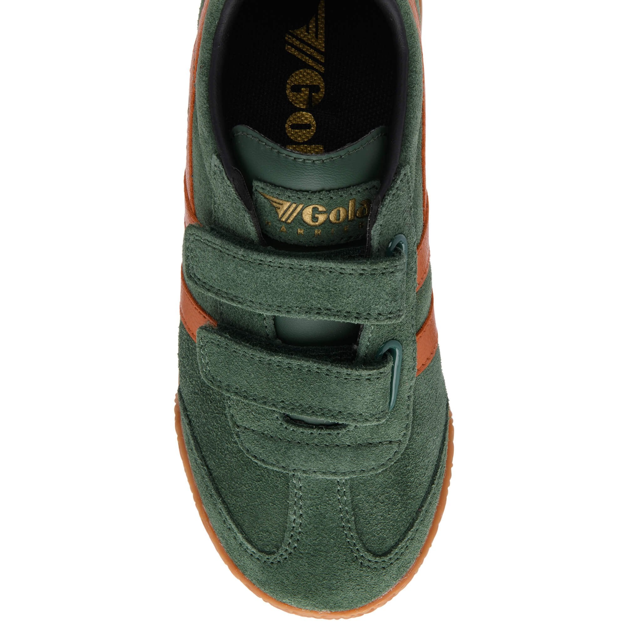 Green children's Gola trainer with orange velcro straps on a white background