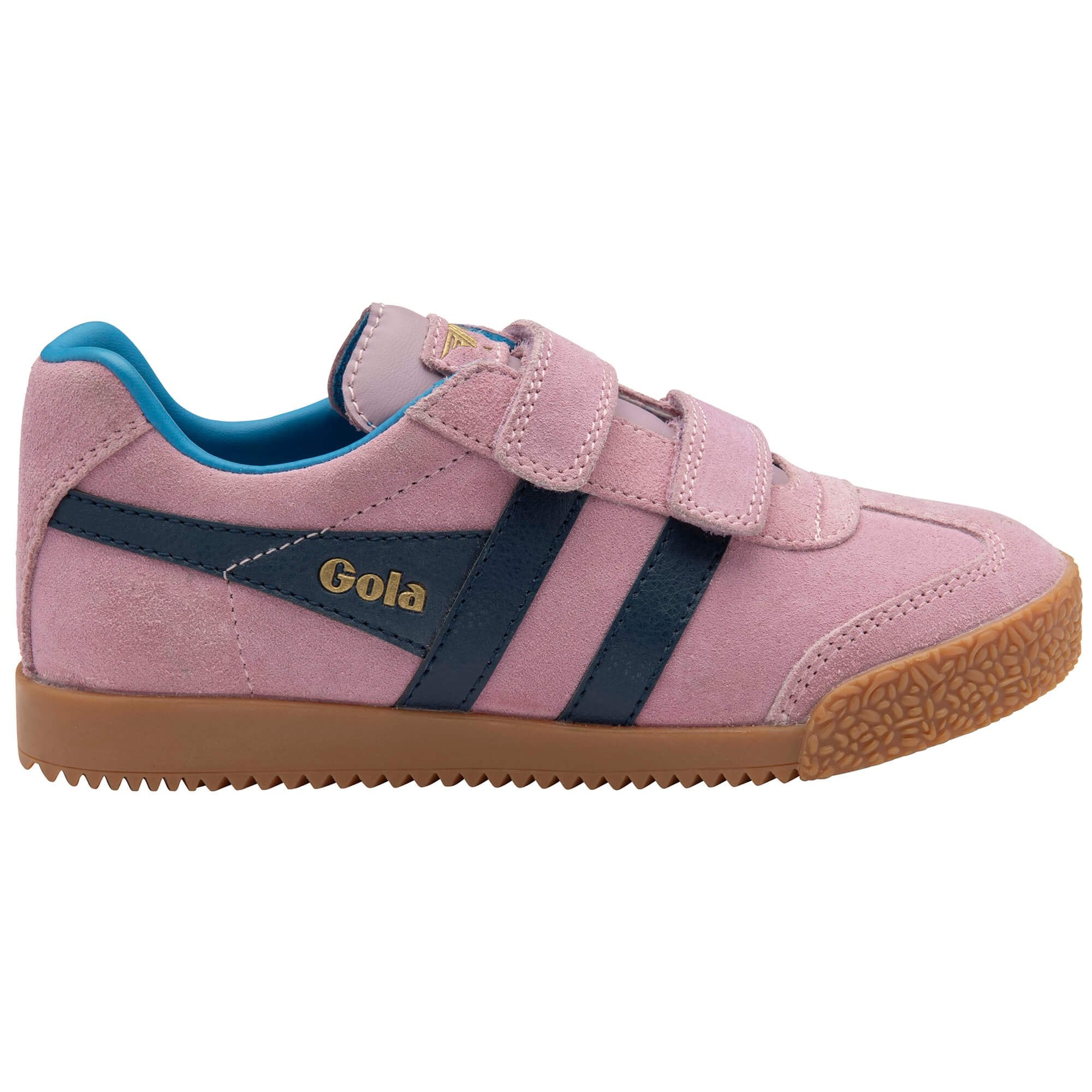 Pink children's Gola trainer with blue stripes and 'Gola' branding on a white background