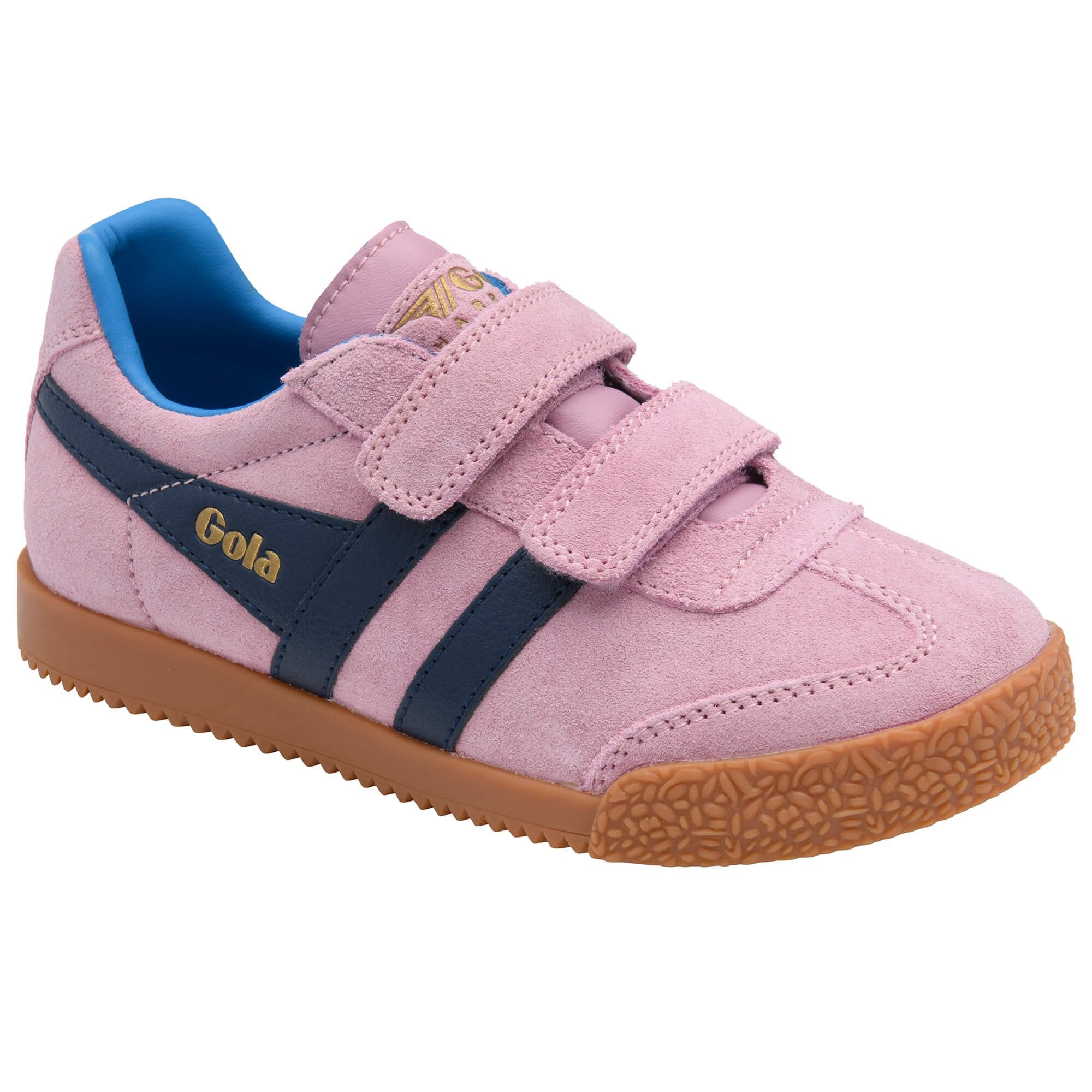 Pink children's Gola trainer with blue interior and brown sole on a white background