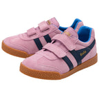 Pink children's Gola trainer with blue stripes and brown soles on a white background
