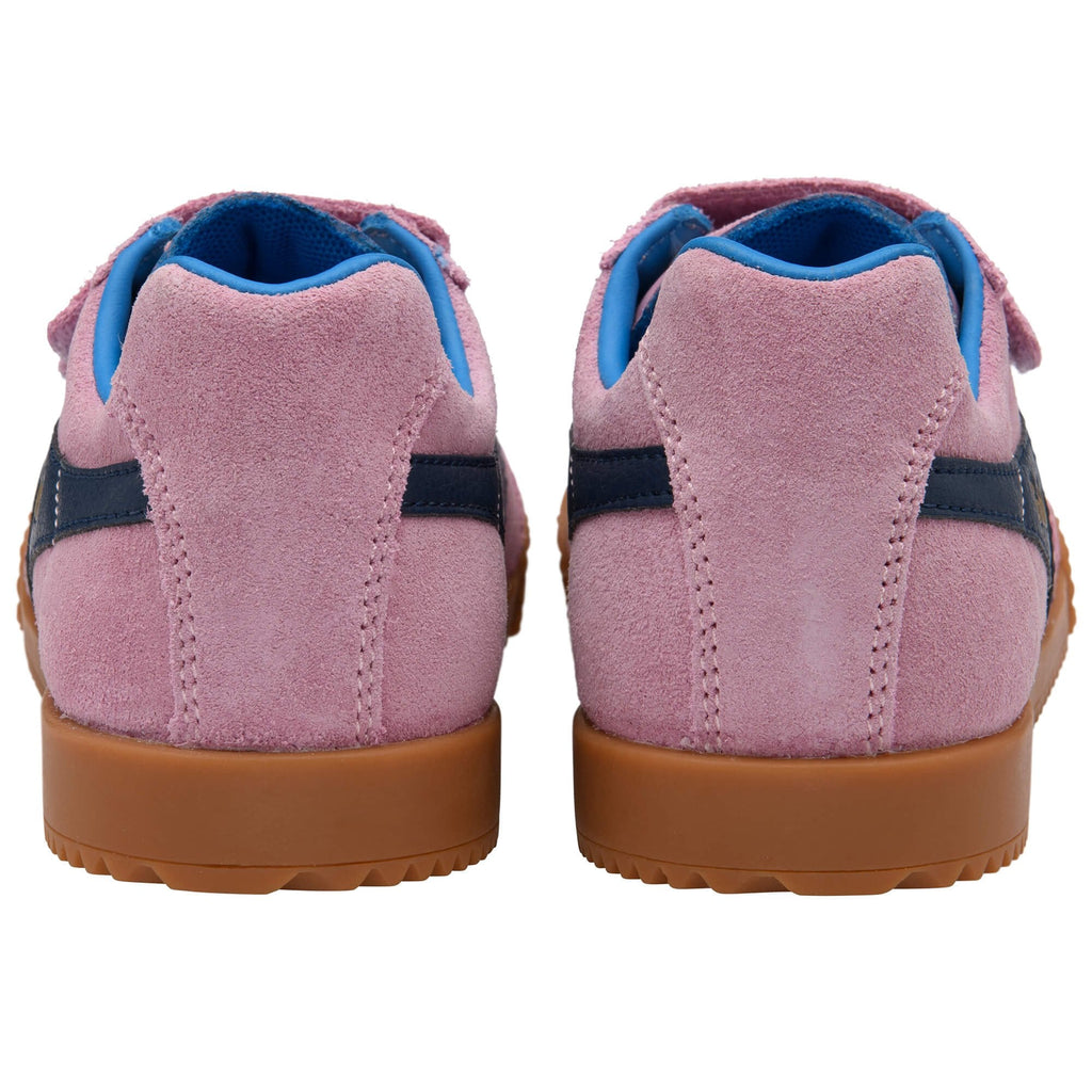 Pink children's Gola trainers with blue accents on a white background