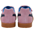 Pink children's Gola trainers with blue accents on a white background