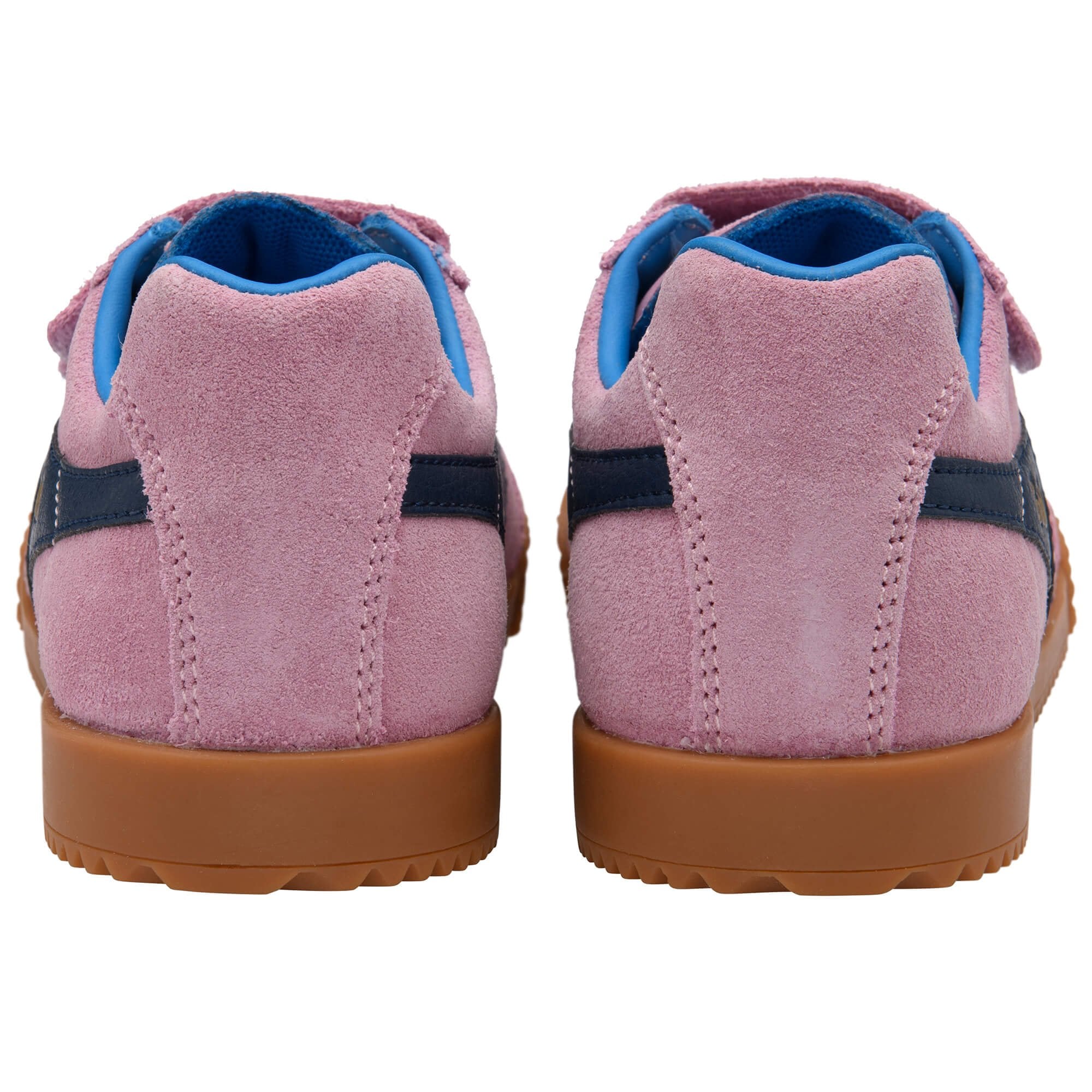 Pink children's Gola trainers with blue accents on a white background