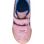 Pink children's Gola trainer with blue accents on a white background