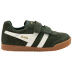 Gola Kids Gola trainer in dark green suede with white stripes and a gum sole on a white background