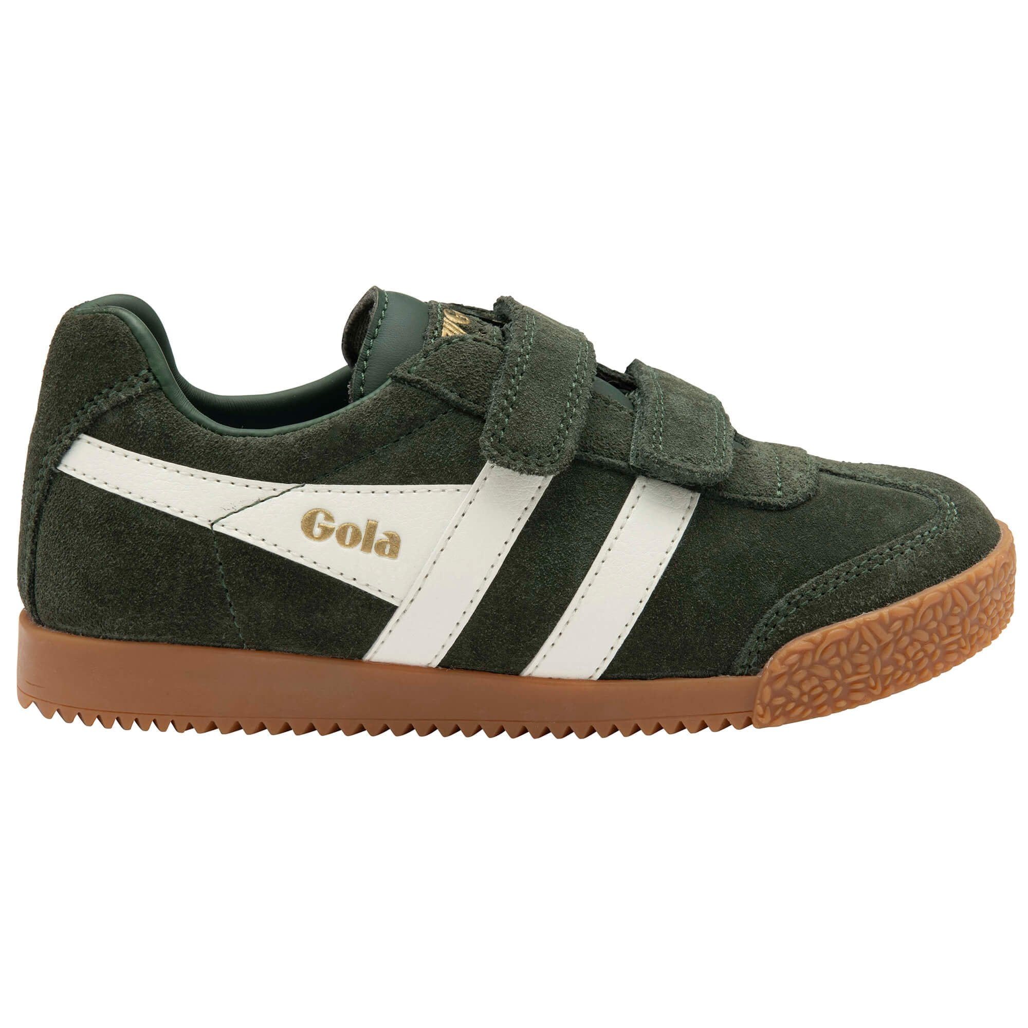 Gola Kids Gola trainer in dark green suede with white stripes and a gum sole on a white background