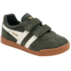 Green children's Gola trainers with white strap and brown sole on a white background