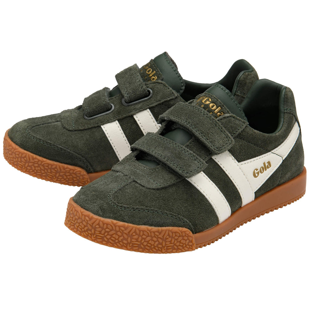 Pair of Gola Kids trainers in dark green suede with white stripes and gum sole on a white background