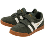 Pair of Gola Kids trainers in dark green suede with white stripes and gum sole on a white background
