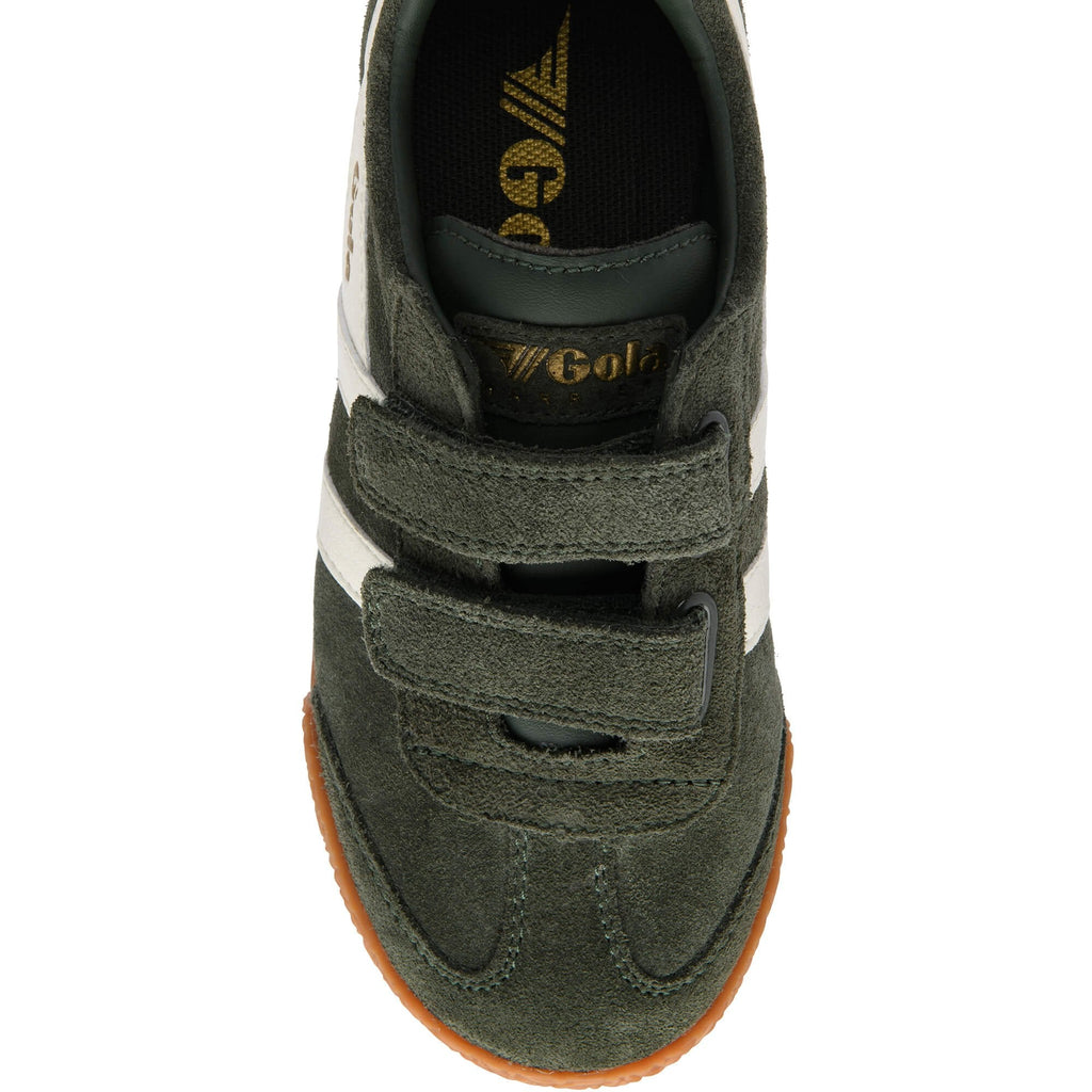 Top down view of a dark green suede Gola trainer with white stripes and two velcro straps