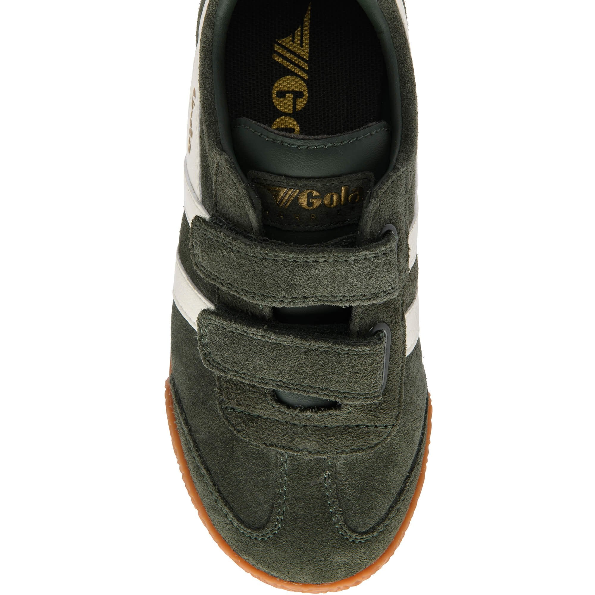 Top down view of a dark green suede Gola trainer with white stripes and two velcro straps