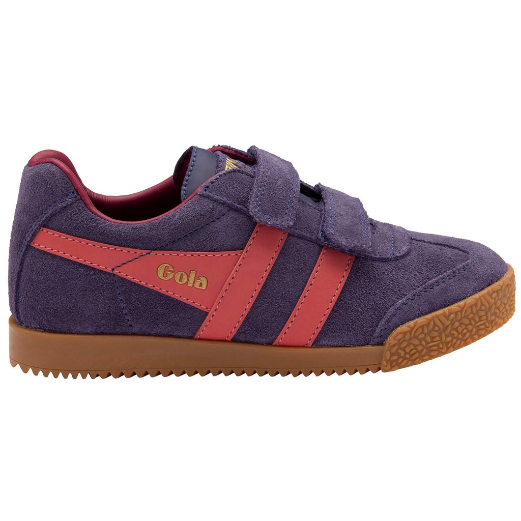 Purple suede Gola kids trainer with red stripes and brown sole