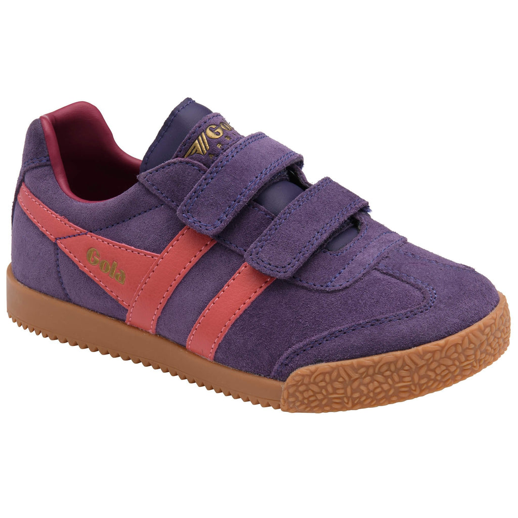 Purple children's Gola trainer with red accents on a white background