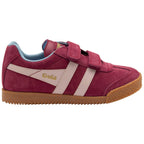 Red children's Gola trainer with pink stripes on a white background