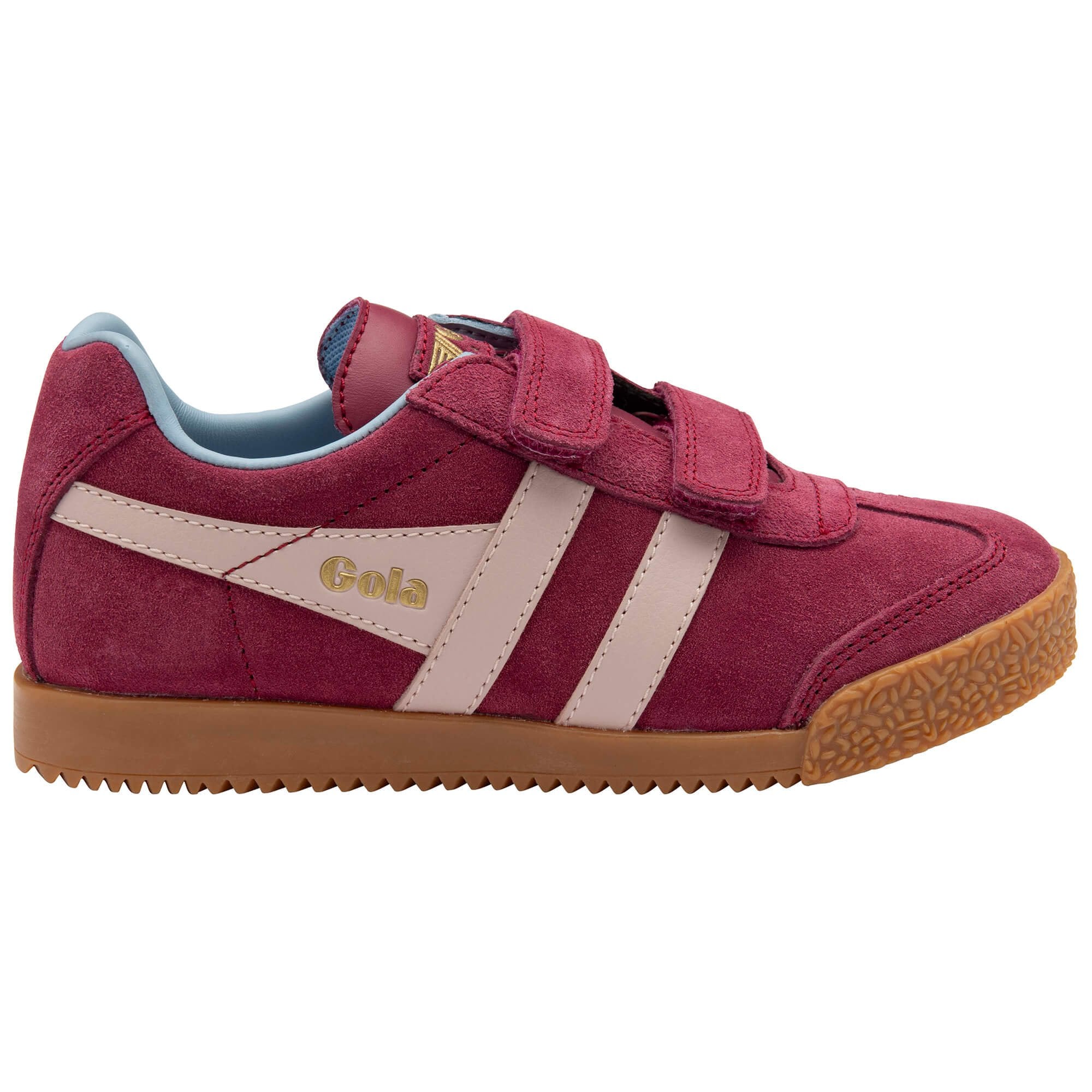 Red children's Gola trainer with pink stripes on a white background
