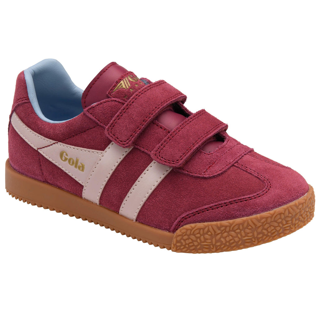 Maroon suede Gola trainer with two velcro straps, light blue interior, and light brown sole on a white background