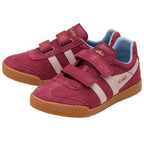 Pair of Gola trainers in burgundy suede with light pink stripes and gum sole on a white background