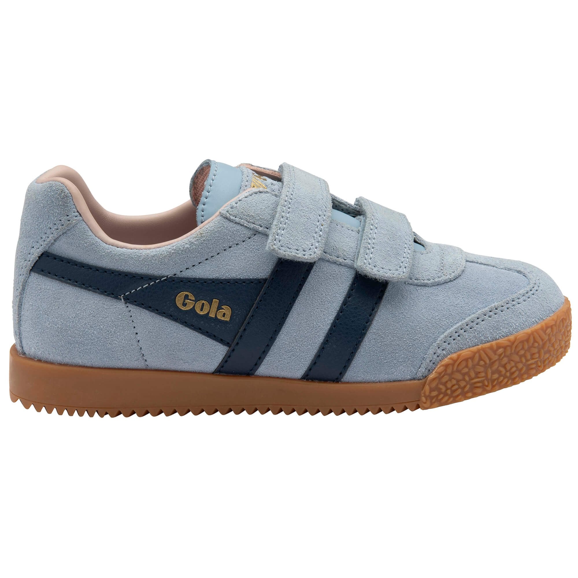 Blue children's Gola trainer with Gola logo on a white background