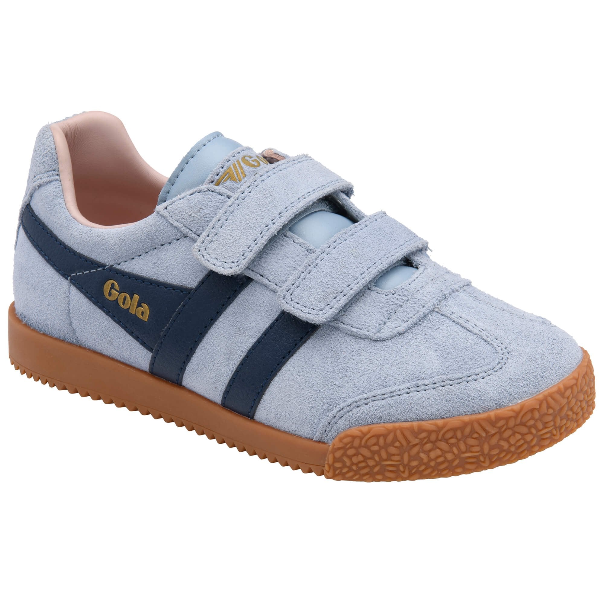 Light blue children's Gola trainer with brown sole and Gola logo on a white background