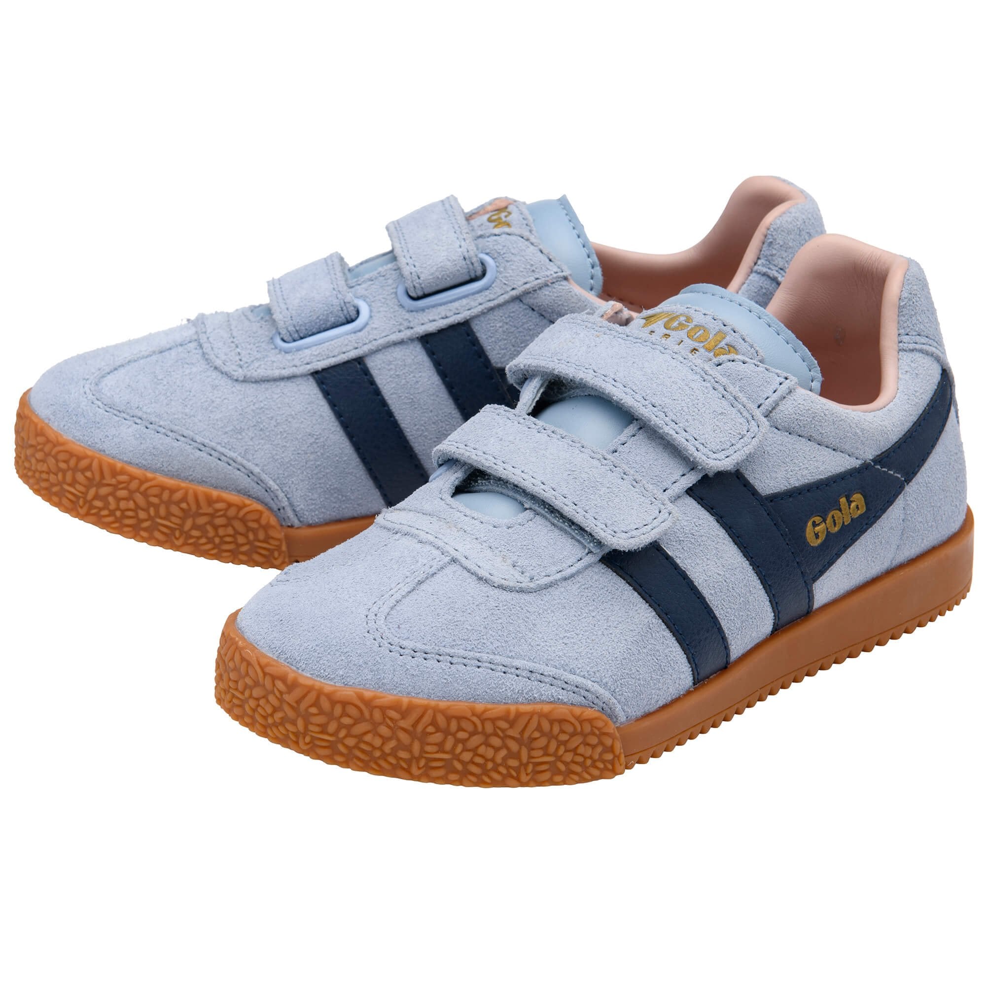 Pair of blue children's Gola trainers with brown soles on a white background