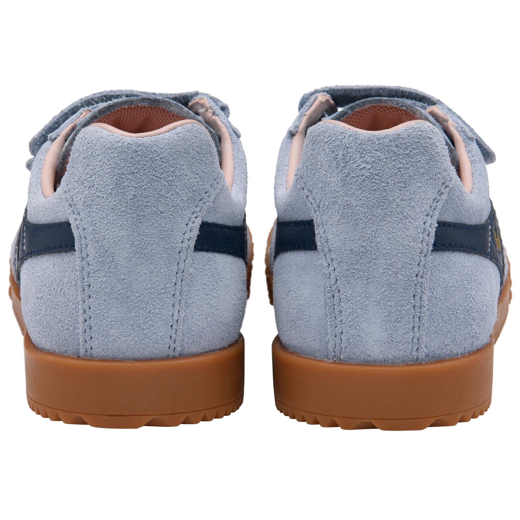 Pair of blue children's Gola trainers with brown soles on a white background