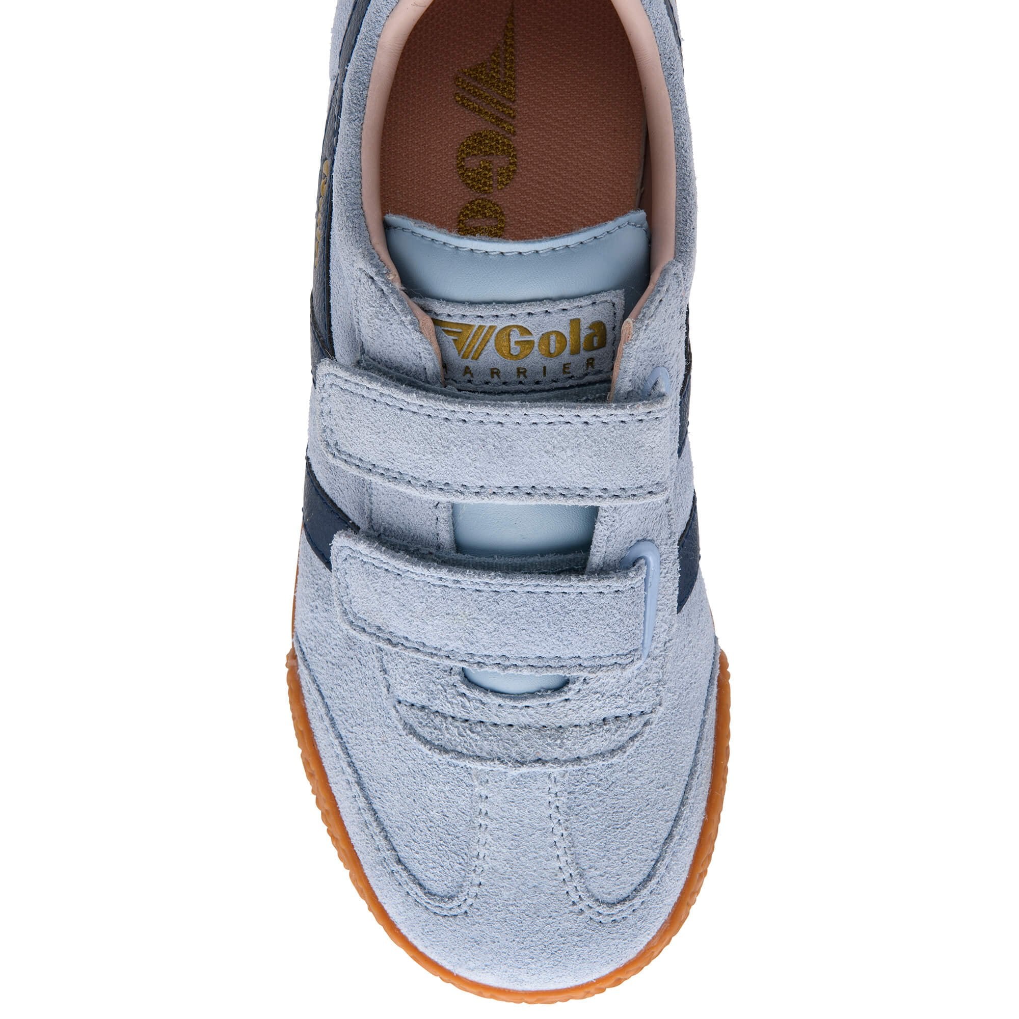 Blue children's Gola trainer with a brown sole on a white background