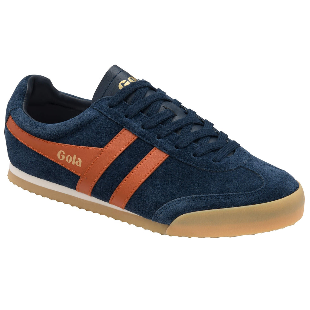 Gola Harrier suede trainers in navy with orange stripes