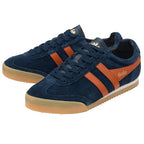 Pair of Gola Harrier suede trainers in navy blue with orange stripes and gum sole