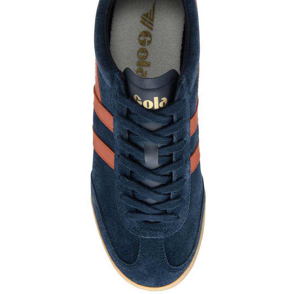 Navy blue Gola Harrier trainer with tan stripes and laces