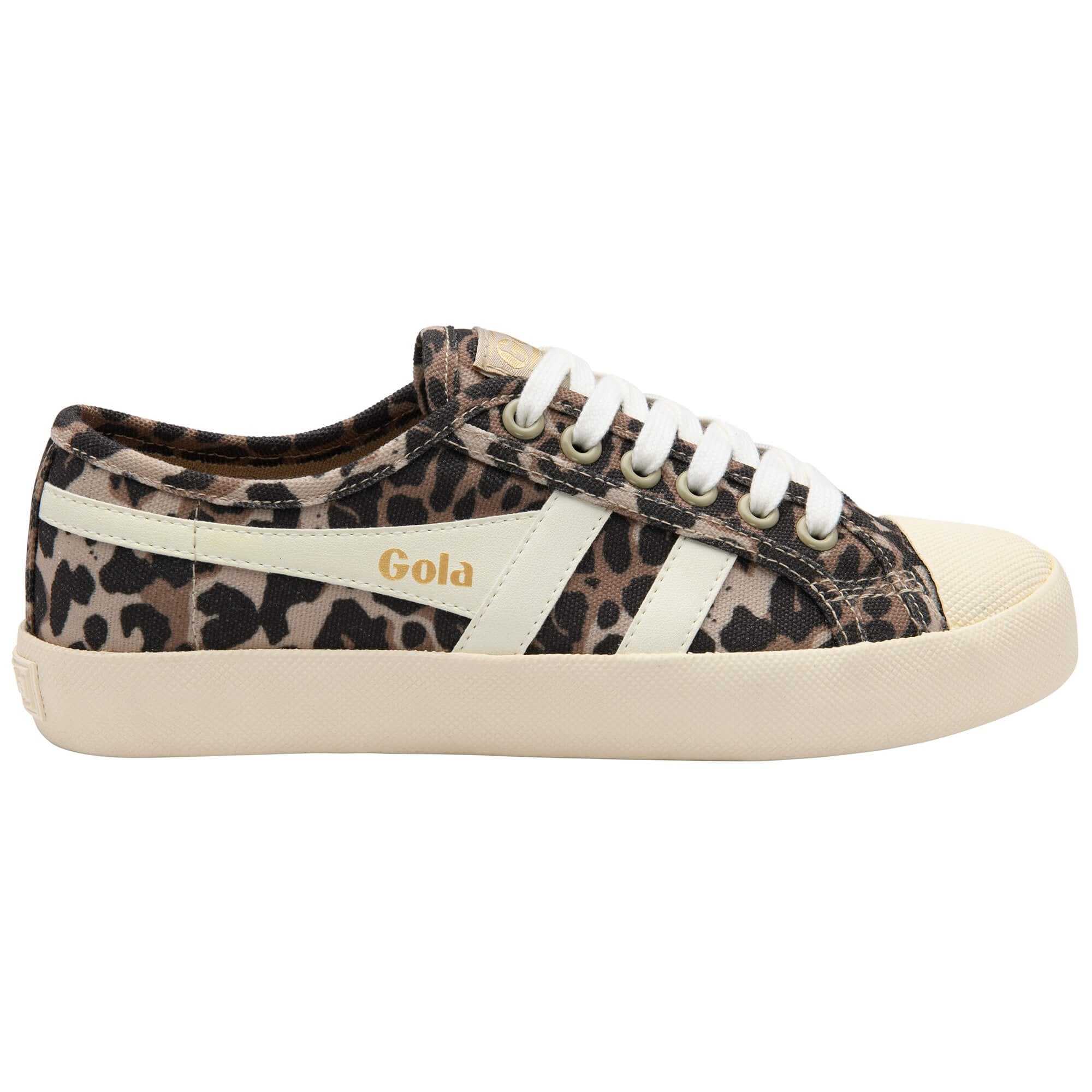 Leopard print trainer with white accents on a white background