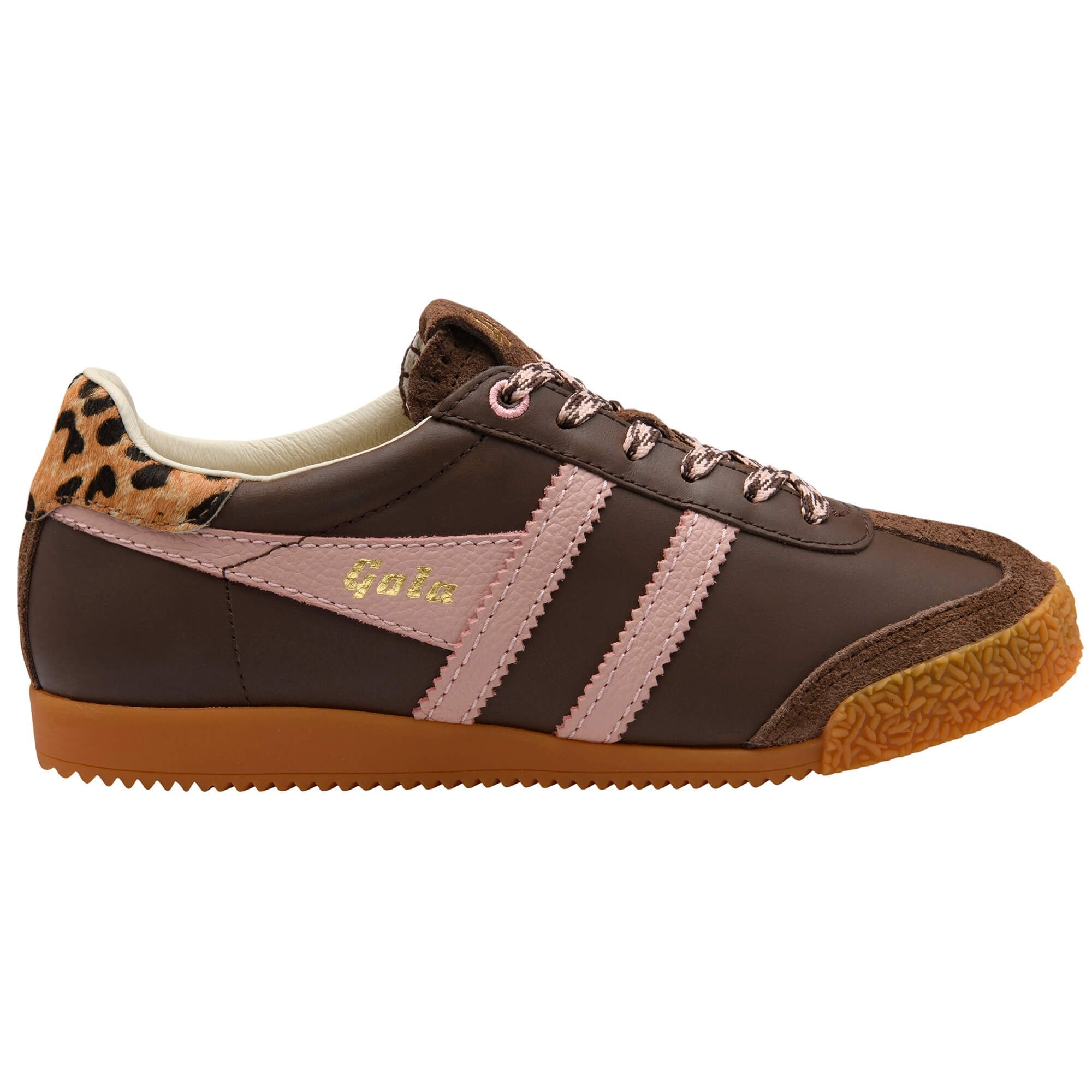 Brown Gola trainer with pink stripes and animal print heel