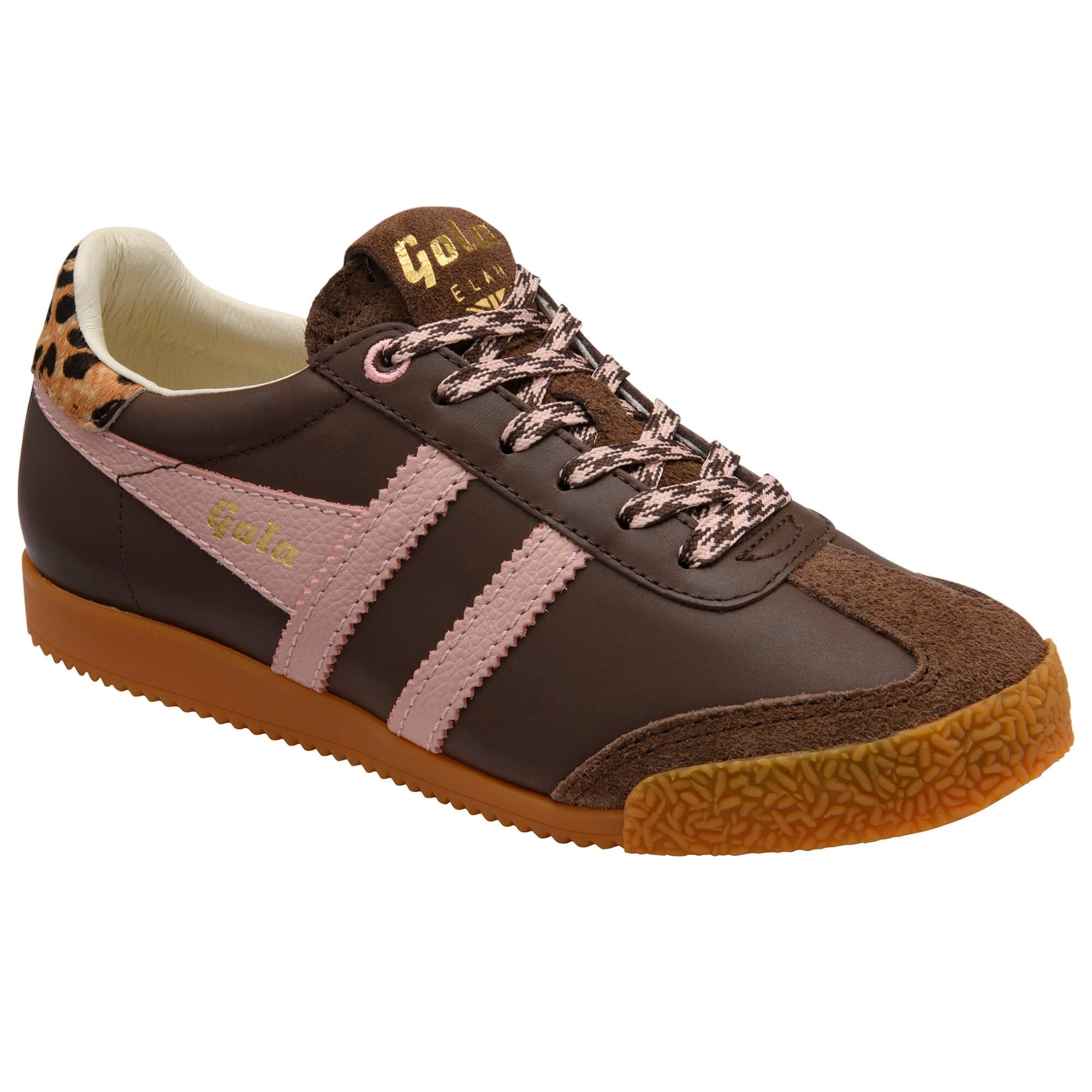 Brown Gola trainer with pink stripes, animal print heel, and gum sole